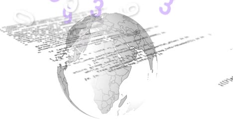 animación de números cambiantes y procesamiento de datos sobre un globo giratorio contra un fondo blanco