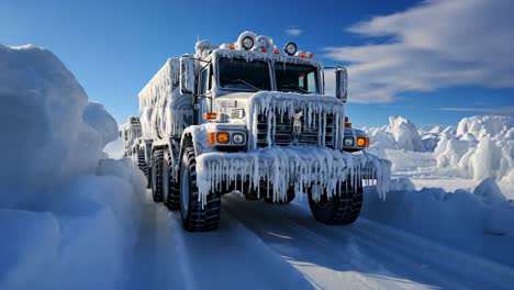 icicles cover a rugged truck on a snowy path in a frigid landscape
