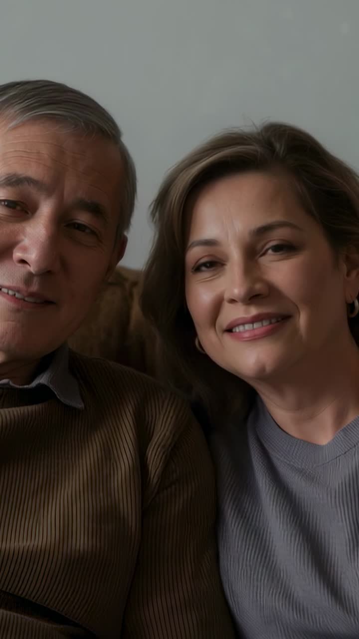 Vídeo vertical: mulher inclinando-se para um homem em um sofá em casa, com aros e gola para maior conforto