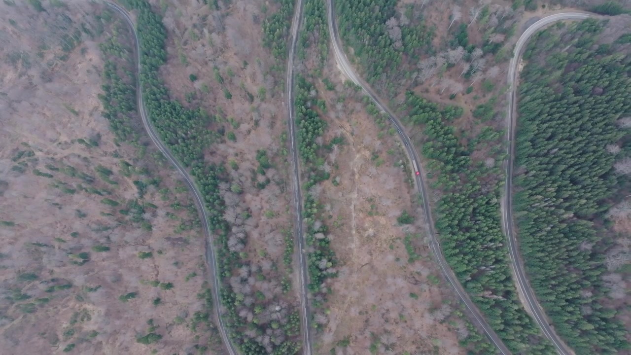 Kuşbakışı drone görüntüsü, Romanya'daki Rodnei Ormanı'ndan geçen virajlı yolları gözler önüne seriyor.