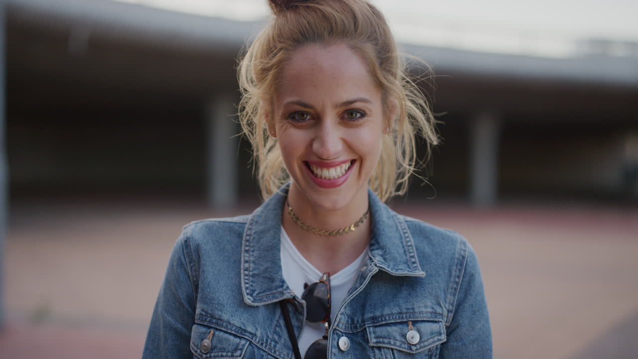 retrato de una mujer joven hermosa sonriendo una mujer feliz vistiendo una elegante moda denim disfrutando de un estilo de vida urbano independiente