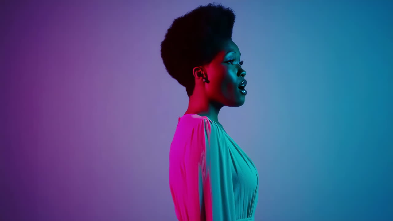 Vibrant Portrait of a Woman Under Duotone Neon Lighting