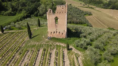 wide angle drone shot panning downwards revealing a vineyard with an ancient castle located on the property surrounded by mountains in the distance shot in the countryside of abruzzo in italy