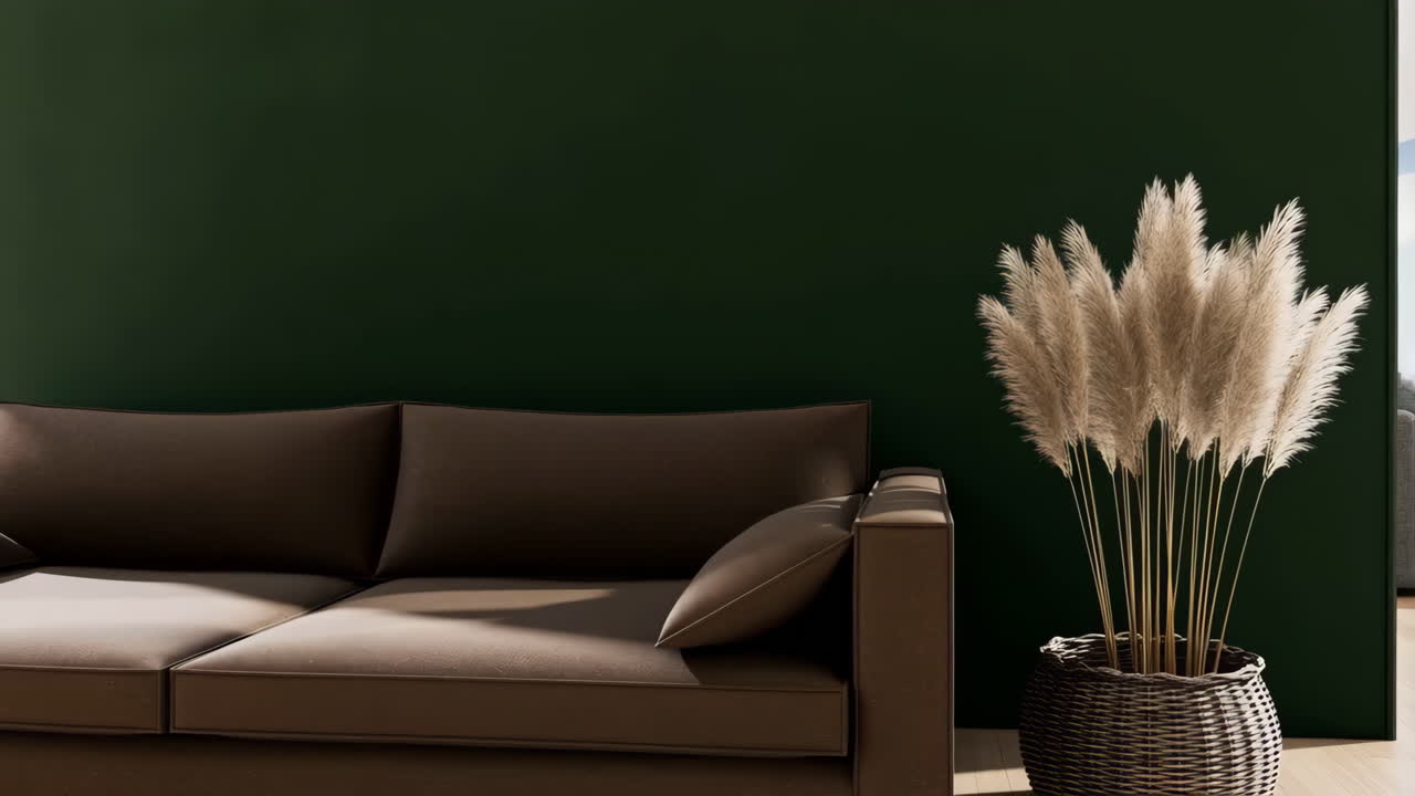 Modern Living Room Interior with Brown Sofa and Pampas Grass Plant Against a Dark Green Wall