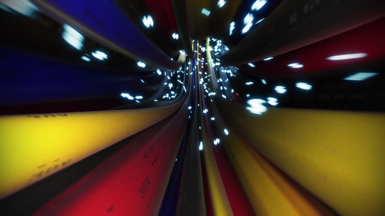 los cables, los cables, el signo del dólar, el vuelo a través de los datos, internet, el circuito de energía, la fibra 4k.