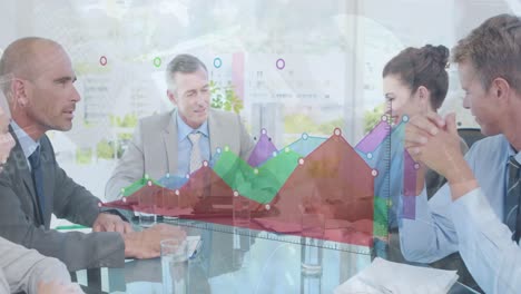 animation of graph with data processing over diverse business people at office meeting