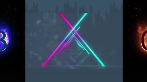 animación de líneas coloridas y letras en llamas sobre fondo negro