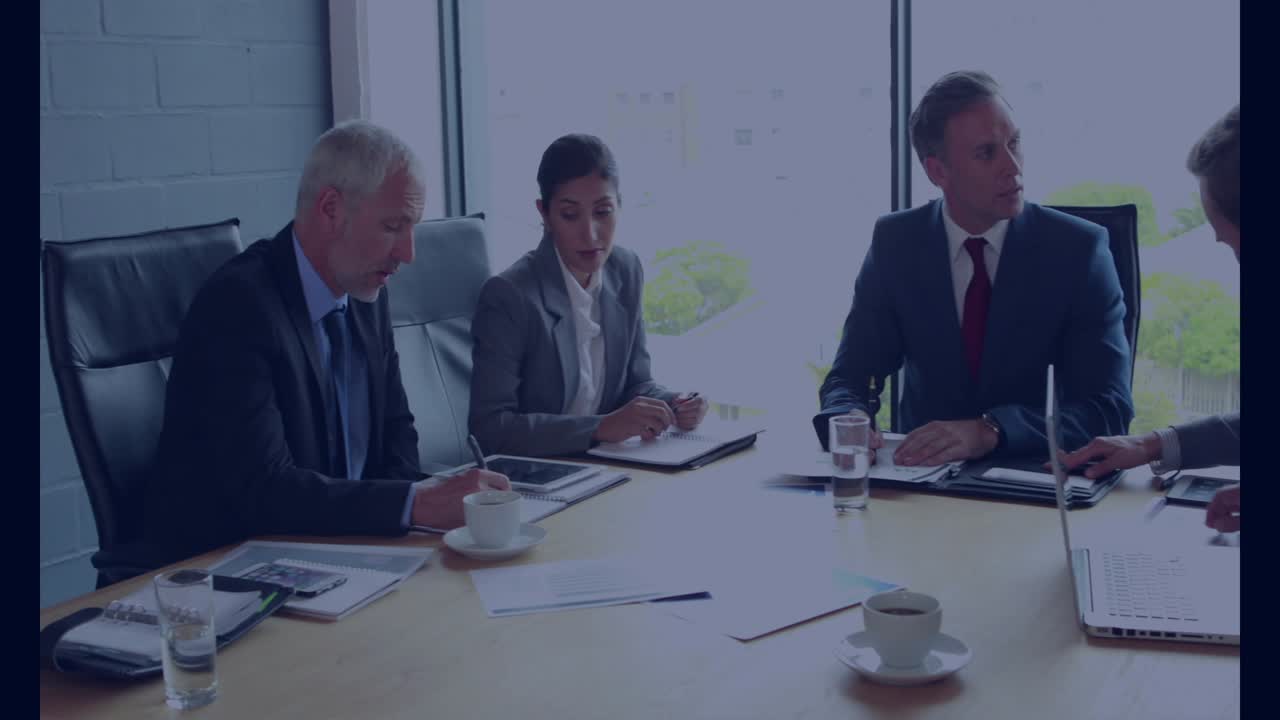 Business team tapping tablet while rotating globe overlay marking years, cities for timeline review