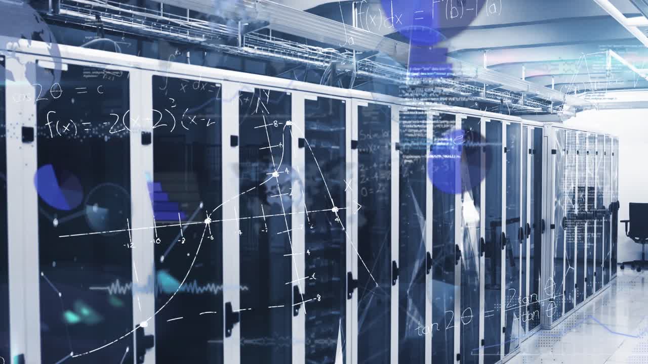 Animation of data processing and mathematical equations against plexus networks over server room
