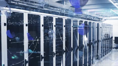 animation of data processing and mathematical equations against plexus networks over server room