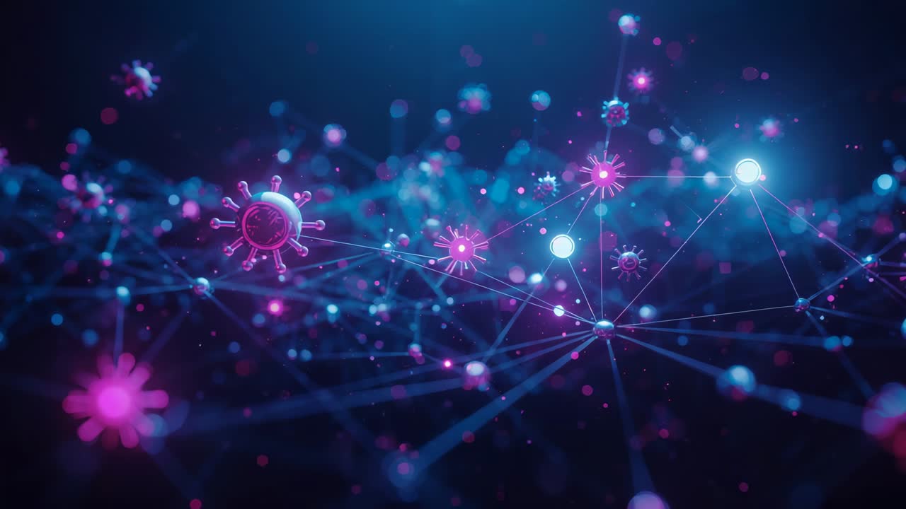 Emerging network lines spawning blue nodes, drifting pink spikes, pulsing light on blue backdrop