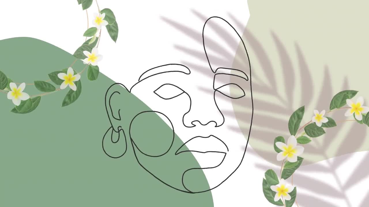 animación de cara contorneada en negro con flores amarillas y blancas sobre fondo verde, blanco y beige
