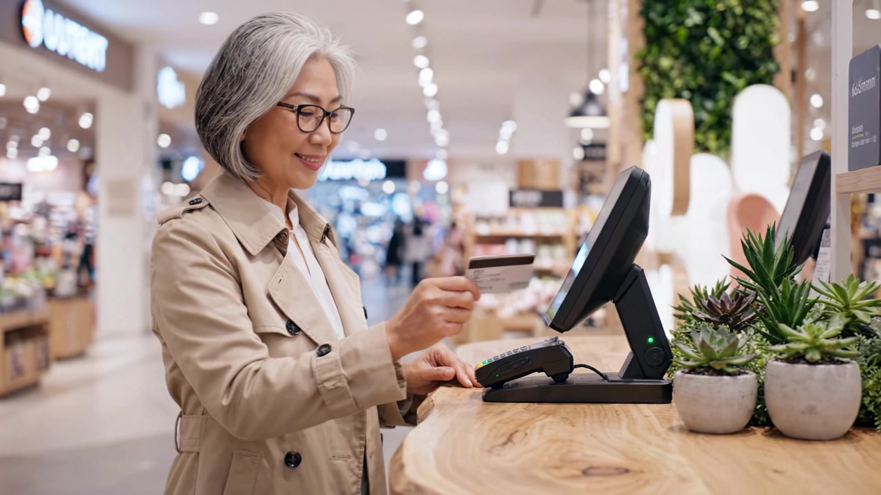 An older woman stands at a checkout counter, preparing to scan her payment card at a stylish store with greenery, showcasing modern retail shopping atmosphere.