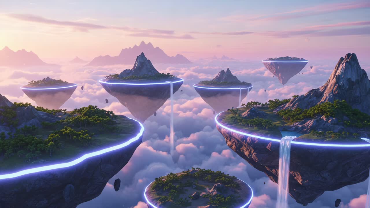 A breathtaking view of floating islands adorned with lush greenery, illuminated by ethereal light, set against a backdrop of soft clouds and majestic mountains during sunset