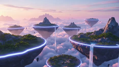 a breathtaking view of floating islands adorned with lush greenery, illuminated by ethereal light, set against a backdrop of soft clouds and majestic mountains during sunset
