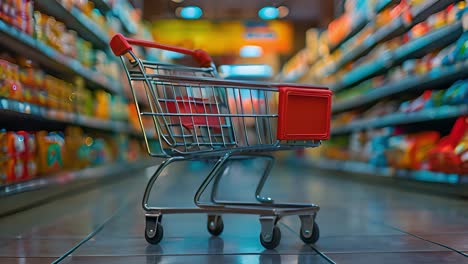 empty shopping cart in a supermarket aisle