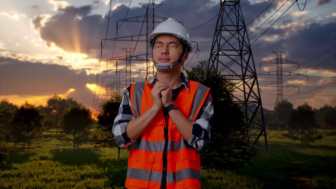 Engenheiro de chapéu orando perto de linhas de energia ao pôr do sol