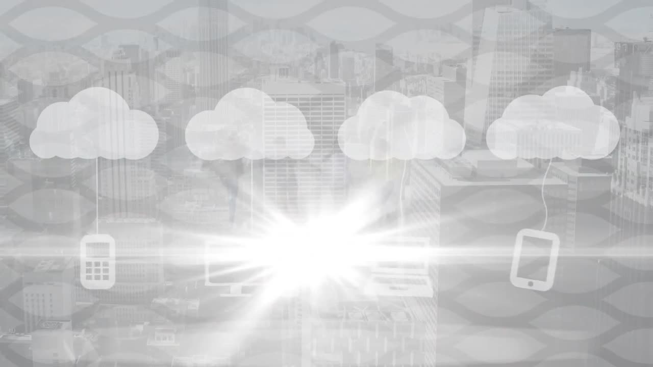 Animation of cityscape with clouds and digital icons