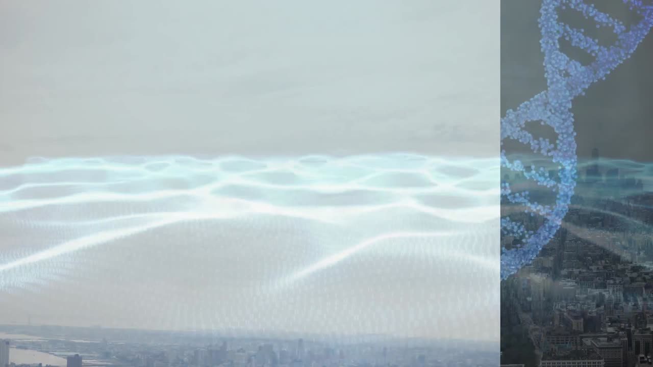 dna 스트랜드의 애니메이션과 도시 풍경에 대한 데이터 처리