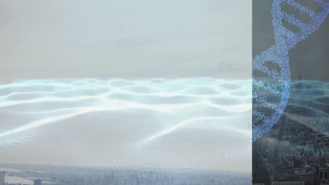 animación de la cadena de adn y procesamiento de datos sobre el paisaje urbano