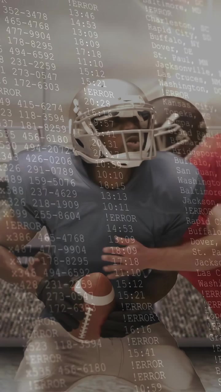 Vertikales Video: Tackler packt Footballspieler mit Ball, der unter einem FEHLER-Overlay zum Stehen kommt.