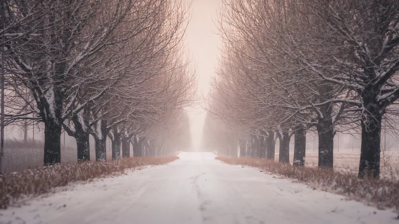 Glowing snow-covered track leading through rural avenue with rows of bare trees as haze rises