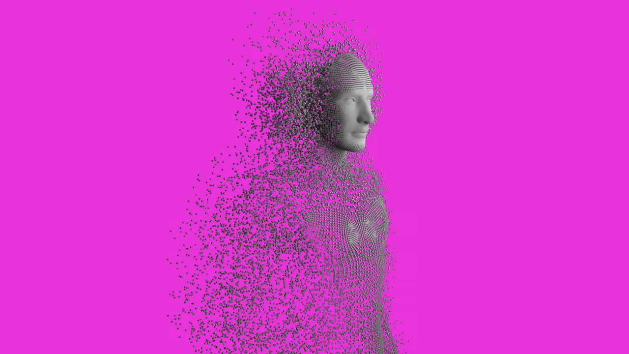 Animation of dots forming human representation against pink background