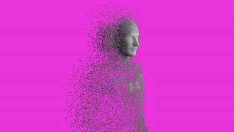 animación de puntos que forman una representación humana contra un fondo rosado