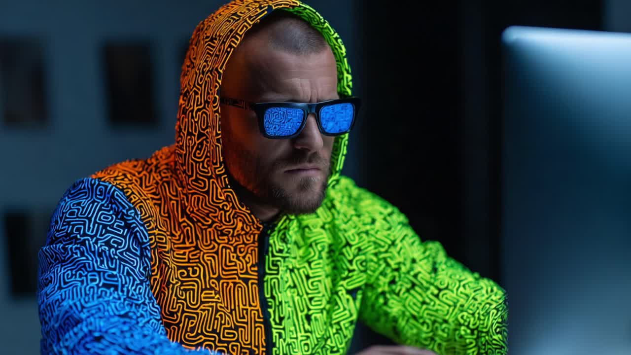 A focused individual in a vibrant, colorful hoodie and reflective sunglasses, deeply engaged in front of a computer, showcasing a blend of modern technology and style