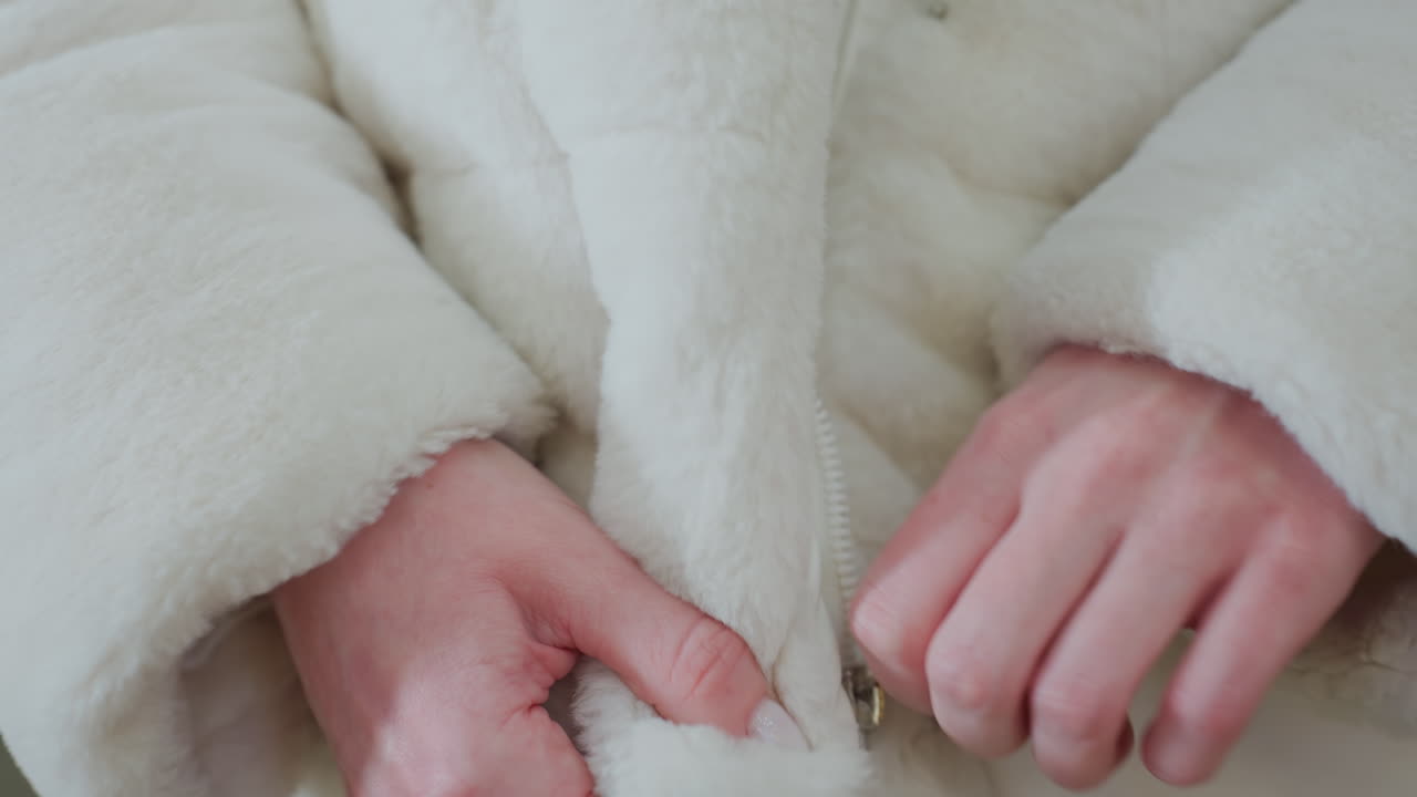 Close-up of hand pulling zipper on soft, fluffy winter jacket, warm, cozy outerwear being fastened for cold weather, showcasing stylish, comfortable fashion in elegant clothing