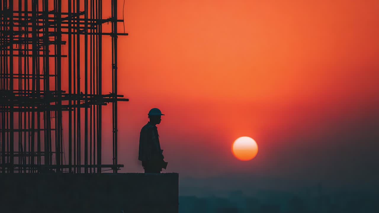 A Construction Worker Silhouetted Against a Stunning Sunset, Capturing the Essence of Hard Work and the Beauty of Nature in the Evening Sky