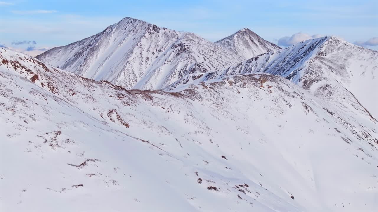 Dead Dog couloir Grays and Torreys 14er Peak Loveland Pass winter spring golden hour sunset Colorado aerial drone panorama landscape Arapahoe Basin backcountry powder snow Rocky Mountains forward up