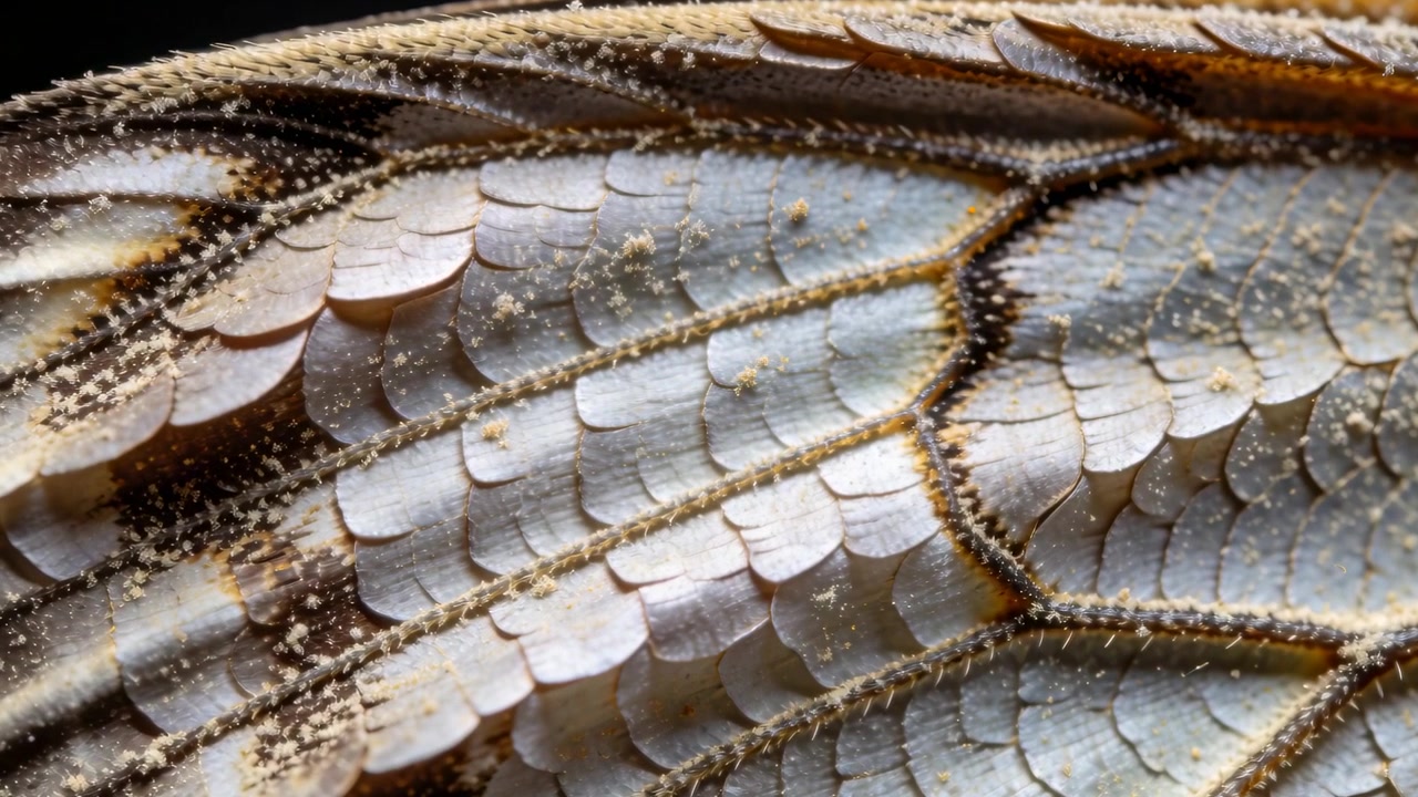 Spostamento della telecamera e dell'illuminazione che rivela una sezione dell'ala di farfalla in studio, mostrando squame e venature.