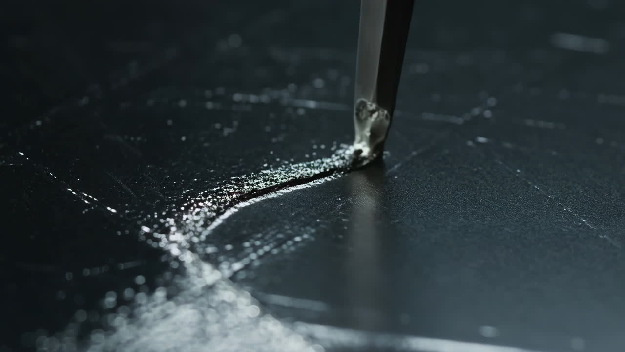 Close-up of a sharp object scratching a dark surface