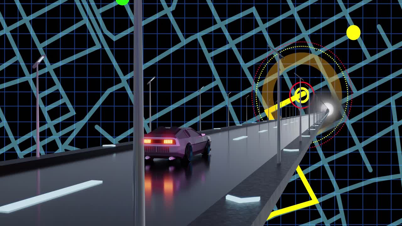 animación de la interfaz digital con el mapa sobre la conducción del automóvil
