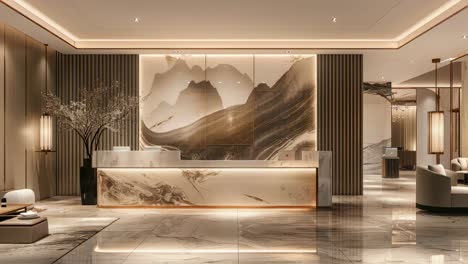 soft illumination highlighting marble reception counter, contemporary seating, decorative greenery, and expansive mountain artwork within elegant hotel entrance space