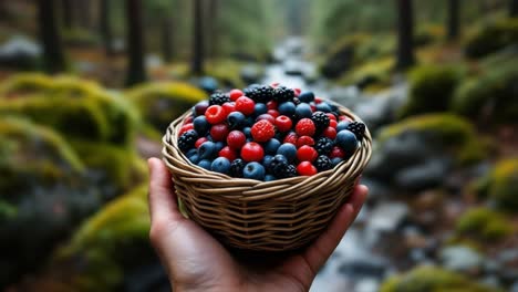 hand holding a wicker basket overflowing with freshly picked wild berries, with a blurred forest and stream in the background
