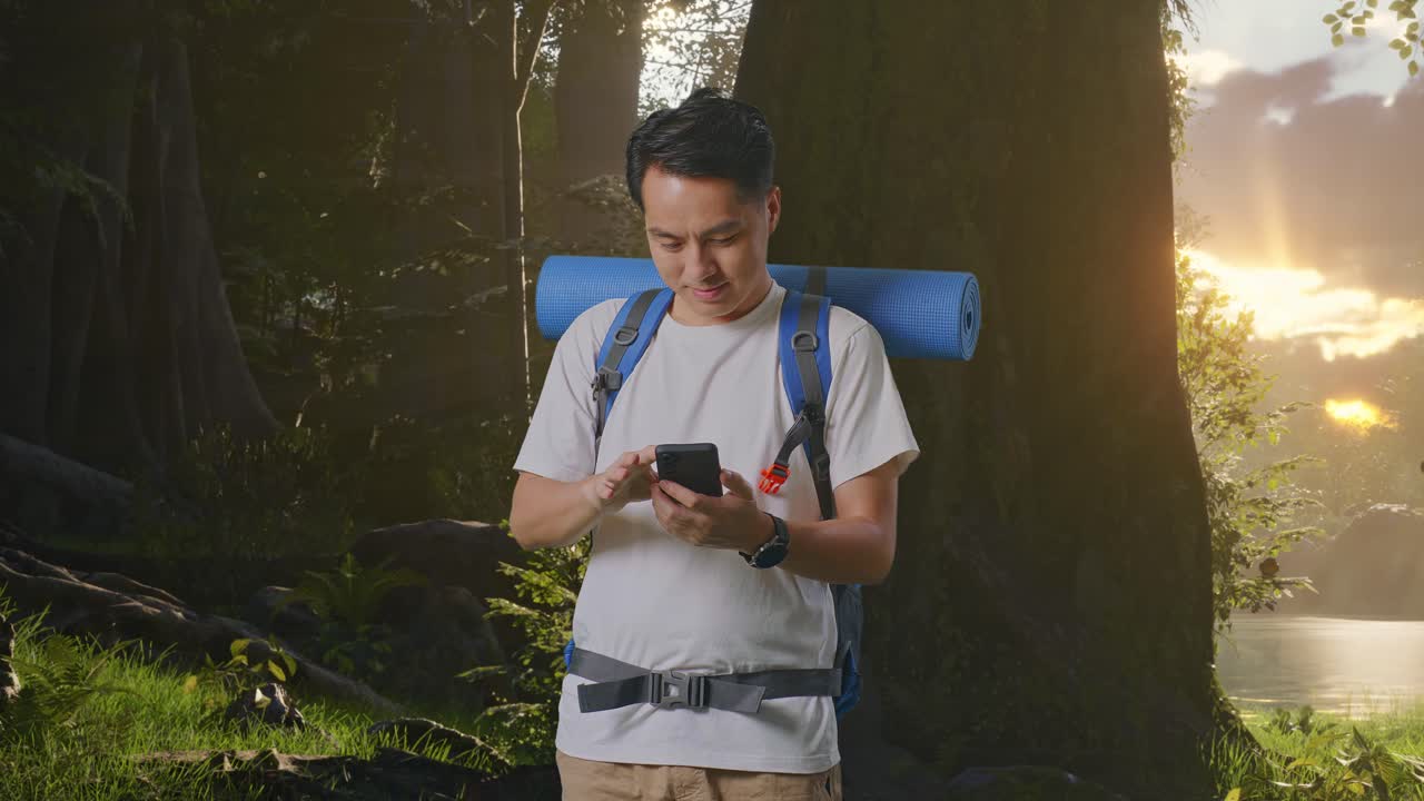 숲 에서 휴대 전화 를 사용 하고 산책 하는 사람