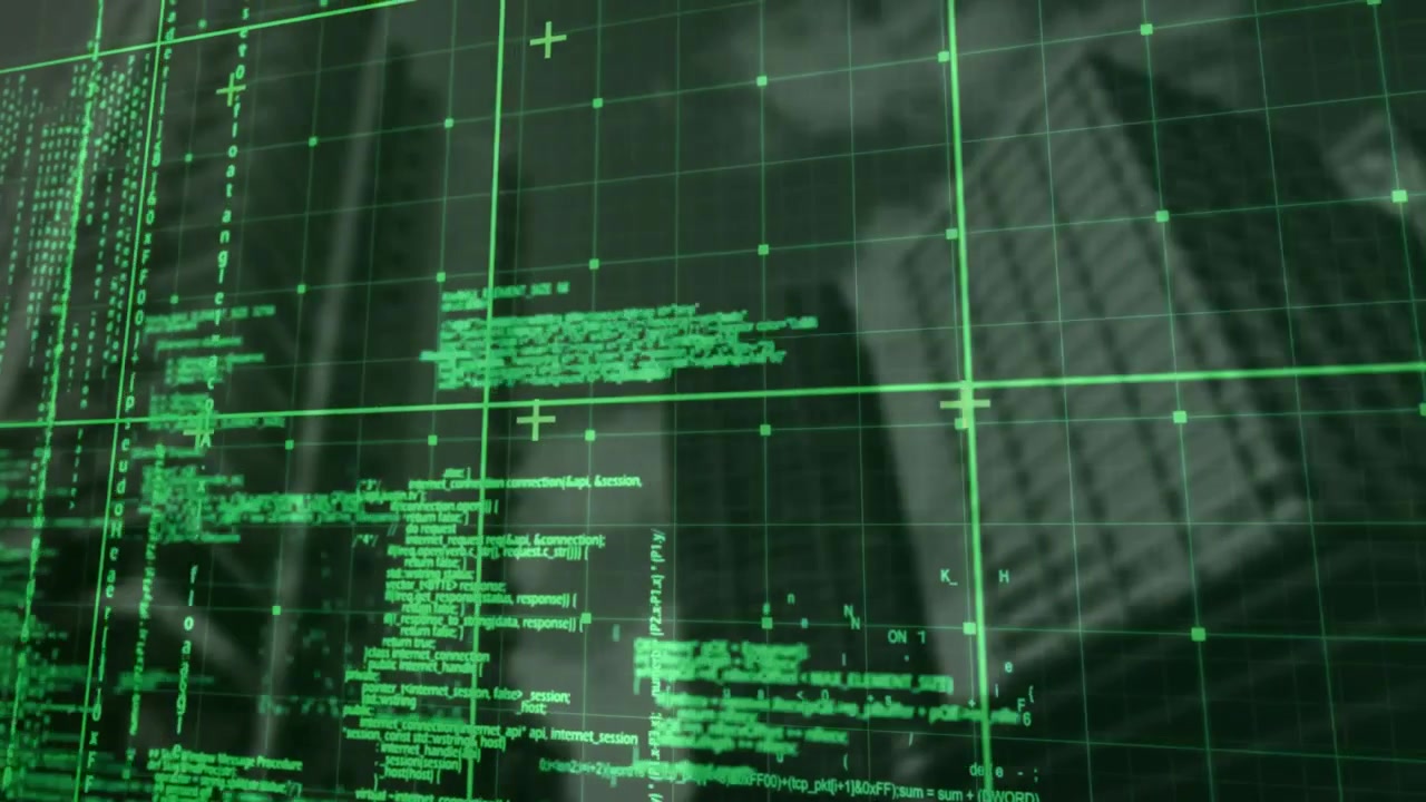 On loading digital grid fading, code streams cascading, blocks shifting and dissolving showing data