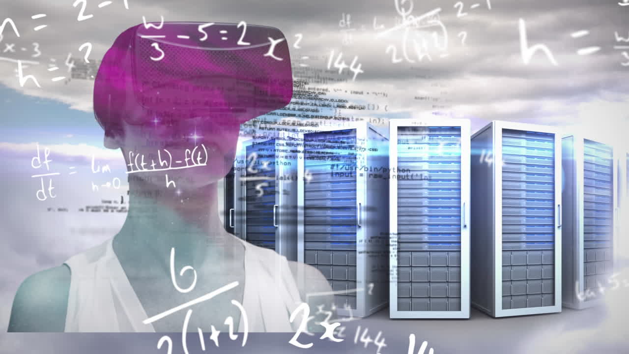 procesamiento de datos, ecuaciones matemáticas flotando con la mujer que lleva vr