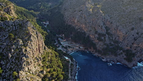 aerial view of port de sa calobra marina in the balearic island of mallorca, spain