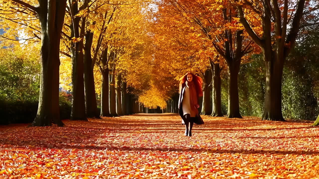 Woman Walking on an Autumn Path Covered in Golden Leaves