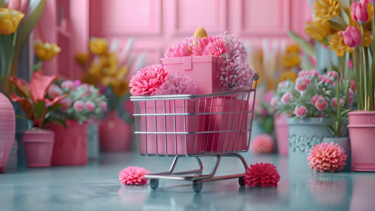 Mini Shopping Cart Filled with Pink Flowers and a Gift Box in a Floral Shop