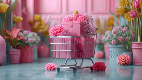 mini shopping cart filled with pink flowers and a gift box in a floral shop