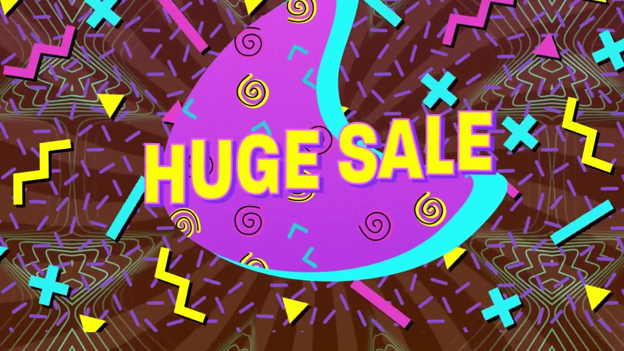 Animation of huge sale text over abstract template with plus, minus, arrow symbols