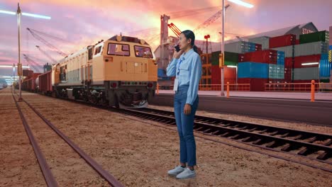 full body side view of asian female with freight cargo train at port, she is speaking with someone in the phone