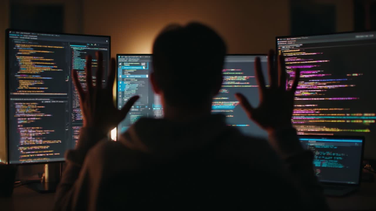 Intense Coding Session: A Programmer Engrossed in Lines of Code, Expressing Frustration and Complexity While Working on Multiple Monitors