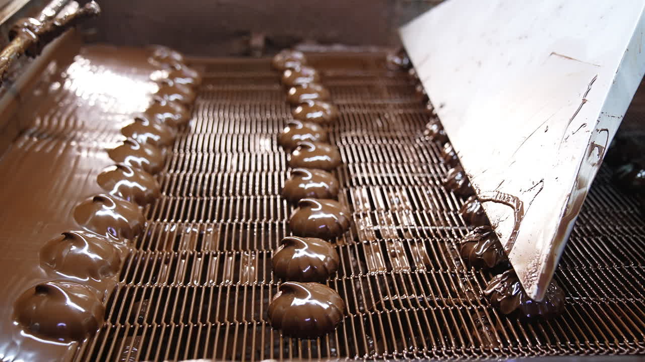 Zephyr candies covered with melted chocolates go under the flow of air. Sweets are blown to get rid of excess of chocolate. Close up.