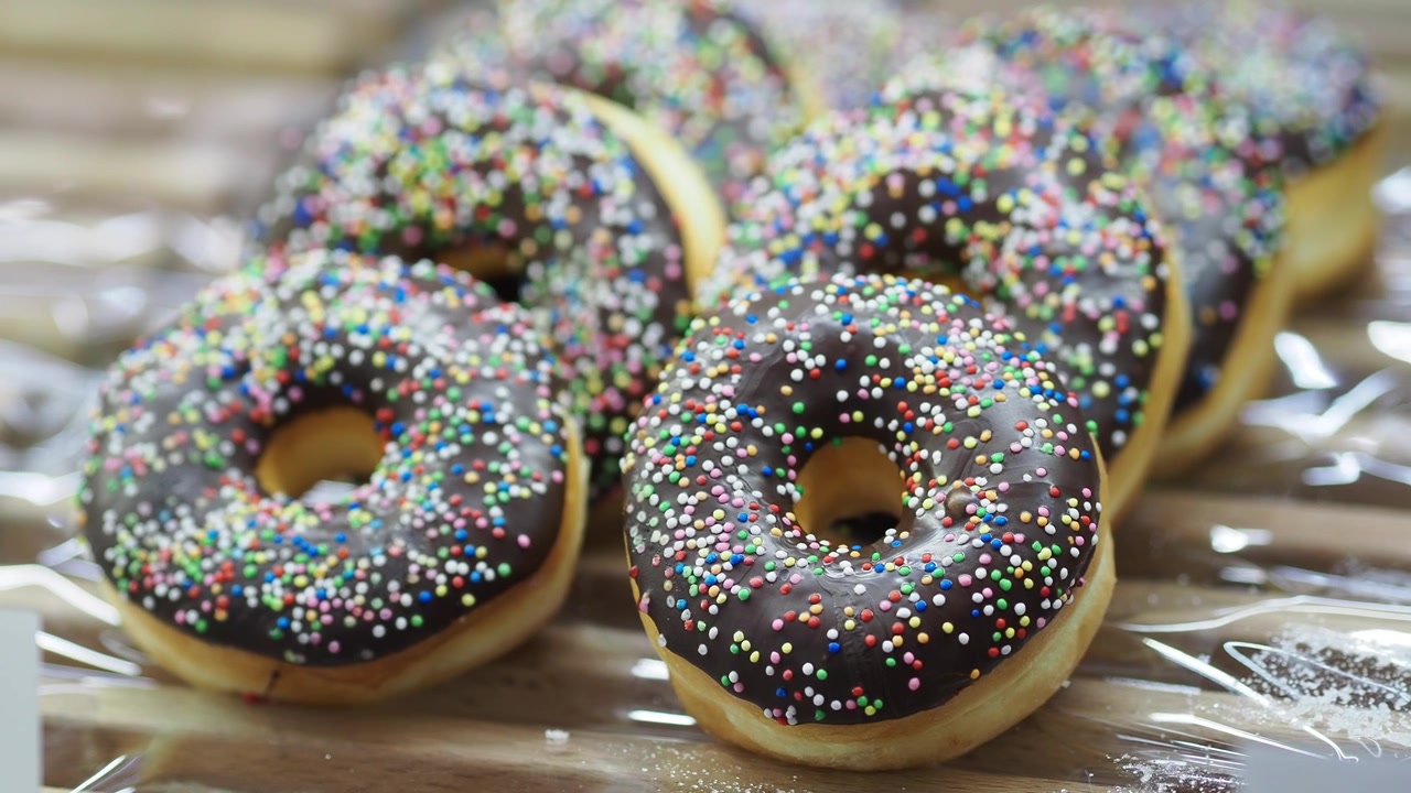 Ciambelle fresche glassate al cioccolato con codette colorate in esposizione