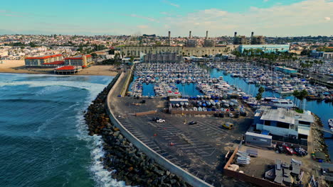 aerial urban sea port landscape in manhattan beach port skyline morning drone view